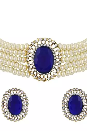 Gold plated traditional stone studded pearl choker necklace jewellery set for women