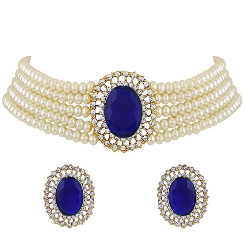 Gold plated traditional stone studded pearl choker necklace jewellery set for women