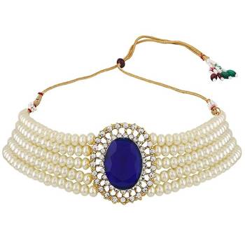 Gold plated traditional stone studded pearl choker necklace jewellery set for women 3