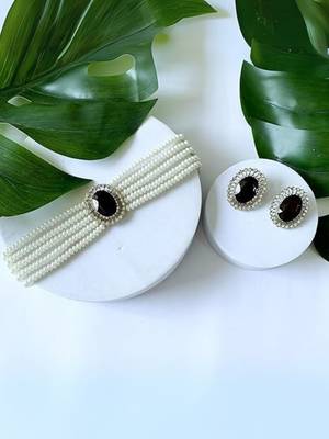 Gold plated traditional stone studded pearl choker necklace jewellery set for women 1