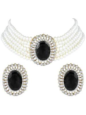 Gold plated traditional stone studded pearl choker necklace jewellery set for women 2