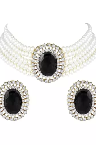 Gold plated traditional stone studded pearl choker necklace jewellery set for women