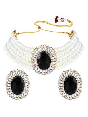 Gold plated traditional stone studded pearl choker necklace jewellery set for women 3