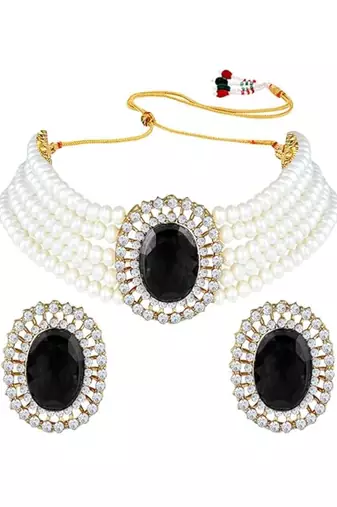 Gold plated traditional stone studded pearl choker necklace jewellery set for women