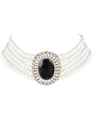 Gold plated traditional stone studded pearl choker necklace jewellery set for women 4