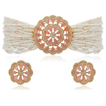 Gold plated traditional cz crystal studded pearl choker necklace jewellery set for women 2