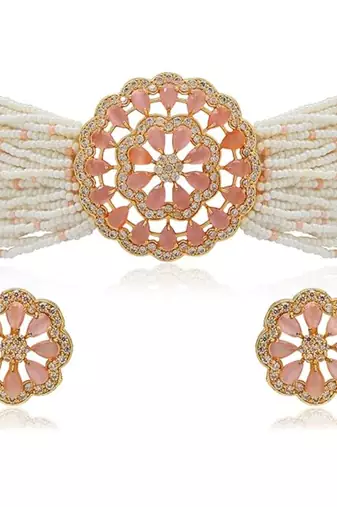Gold plated traditional cz crystal studded pearl choker necklace jewellery set for women