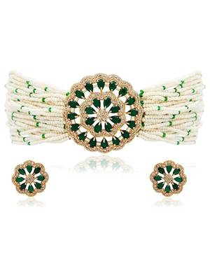 I jewels gold plated traditional cz crystal studded pearl choker necklace jewellery set for women (ml312g) 2