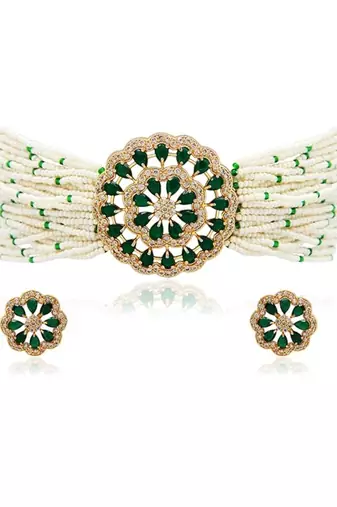 I jewels gold plated traditional cz crystal studded pearl choker necklace jewellery set for women (ml312g)