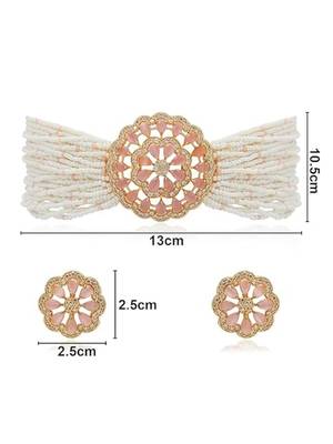 Gold plated traditional cz crystal studded pearl choker necklace jewellery set for women 5