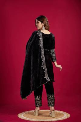 Black Viscos Velvet Embroidery Work Full Sleeve Fully Stitched Ready To Wear Kurti Set 2