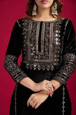 Black Viscos Velvet Embroidery Work Full Sleeve Fully Stitched Ready To Wear Kurti Set 3