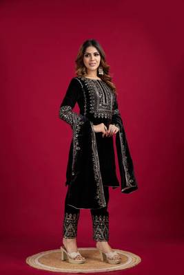 Black Viscos Velvet Embroidery Work Full Sleeve Fully Stitched Ready To Wear Kurti Set 4