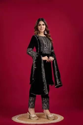 Black Viscos Velvet Embroidery Work Full Sleeve Fully Stitched Ready To Wear Kurti Set