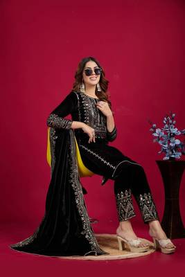 Black Viscos Velvet Embroidery Work Full Sleeve Fully Stitched Ready To Wear Kurti Set 5