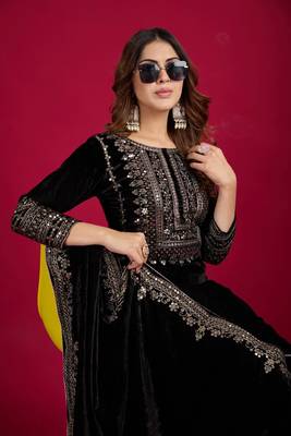 Black Viscos Velvet Embroidery Work Full Sleeve Fully Stitched Ready To Wear Kurti Set 6