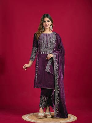 Wine Viscos Velvet Embroidery Work Full Sleeve Fully Stitched Ready To Wear Kurti Set 2