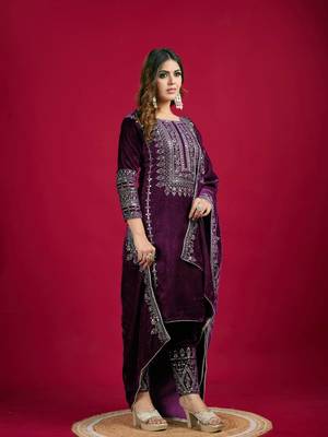 Wine Viscos Velvet Embroidery Work Full Sleeve Fully Stitched Ready To Wear Kurti Set 3