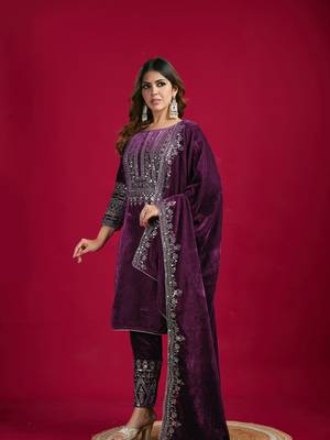 Wine Viscos Velvet Embroidery Work Full Sleeve Fully Stitched Ready To Wear Kurti Set 4