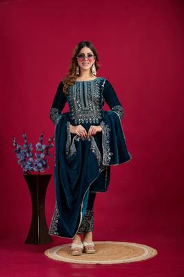 Teal Blue Viscos Velvet Embroidery Work Full Sleeve Fully Stitched Ready To Wear Kurti Set 1