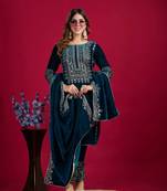 Teal Blue Viscos Velvet Embroidery Work Full Sleeve Fully Stitched Ready To Wear Kurti Set
