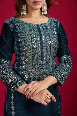 Teal Blue Viscos Velvet Embroidery Work Full Sleeve Fully Stitched Ready To Wear Kurti Set 2