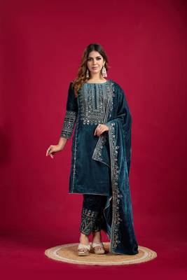 Teal Blue Viscos Velvet Embroidery Work Full Sleeve Fully Stitched Ready To Wear Kurti Set 3