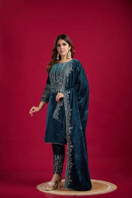 Teal Blue Viscos Velvet Embroidery Work Full Sleeve Fully Stitched Ready To Wear Kurti Set 4