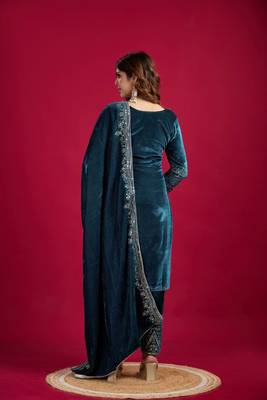 Teal Blue Viscos Velvet Embroidery Work Full Sleeve Fully Stitched Ready To Wear Kurti Set 5