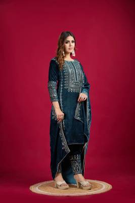 Teal Blue Viscos Velvet Embroidery Work Full Sleeve Fully Stitched Ready To Wear Kurti Set 6