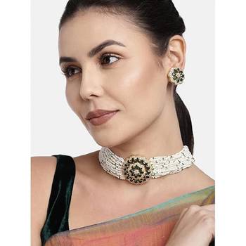 I jewels gold plated traditional cz crystal studded pearl choker necklace jewellery set for women (ml312g) 1