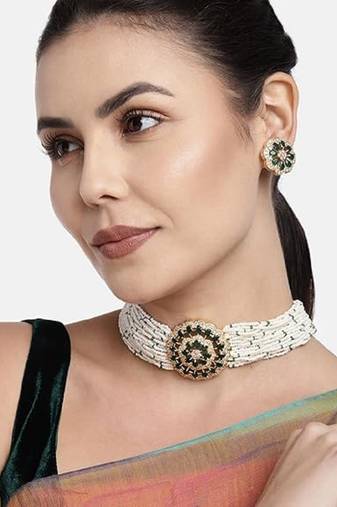 I jewels gold plated traditional cz crystal studded pearl choker necklace jewellery set for women (ml312g)