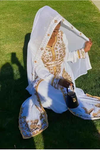 Elegant White Georgette Kaftan Gown with Gold Zari Work | Event & Modest Wear