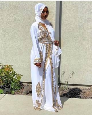 Elegant White Georgette Kaftan Gown with Gold Zari Work | Event & Modest Wear 3