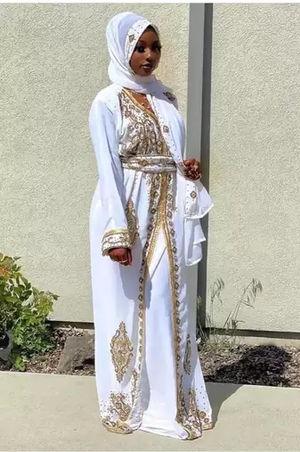 Elegant White Georgette Kaftan Gown with Gold Zari Work | Event & Modest Wear
