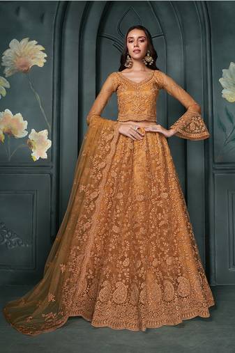 Rust Embroidered Net Designer Lehenga Choli