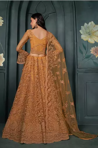 Rust Embroidered Net Lehenga Choli
