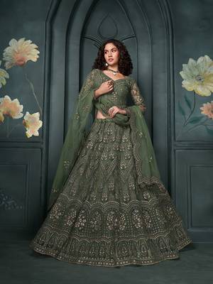 Dark Green Embroidered Net Lehenga Choli 1