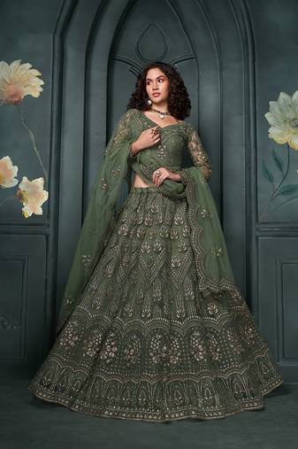 Dark Green Embroidered Net Designer Lehenga Choli