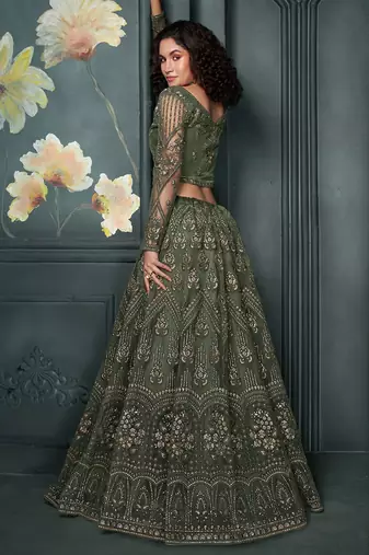 Dark Green Embroidered Net Lehenga Choli