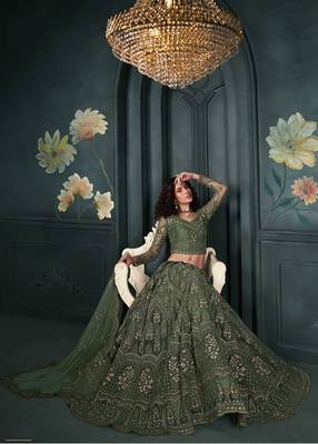 Dark Green Embroidered Net Lehenga Choli 3