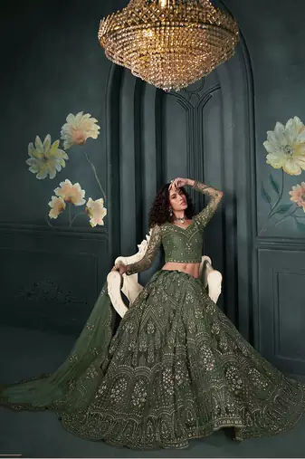 Dark Green Embroidered Net Lehenga Choli
