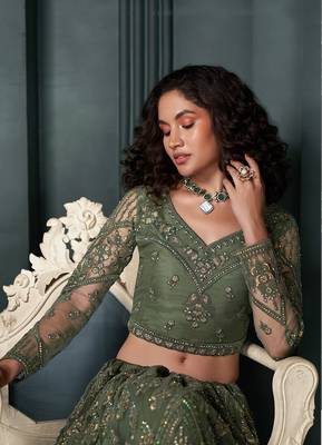 Dark Green Embroidered Net Lehenga Choli 4