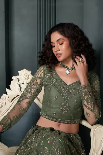 Dark Green Embroidered Net Lehenga Choli