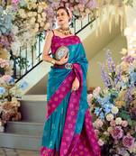 silk blend weaving zari work firozi contemporary saree with contrast border