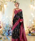 silk blend weaving zari work black contemporary saree with contrast border