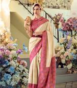 silk blend weaving zari work cream contemporary saree with contrast border