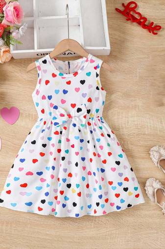 White color printed cotton blend fit&flared style dresses