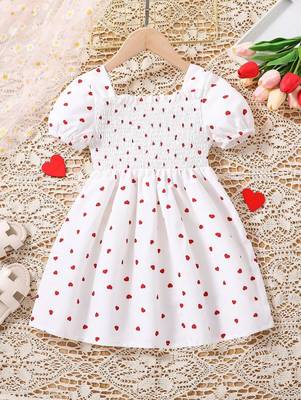 White-red color printed cotton blend fit&flared style dresses 1