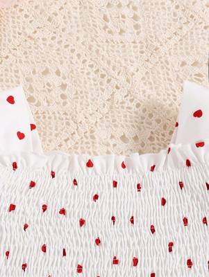White-red color printed cotton blend fit&flared style dresses 2